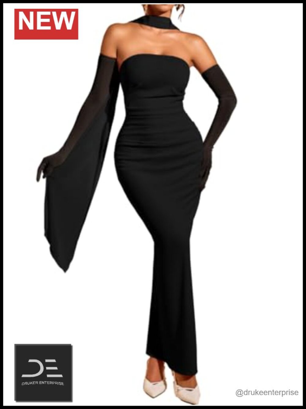 Women's Bodycon Maxi Dress Set with Scarf & Gloves Ruched Slit